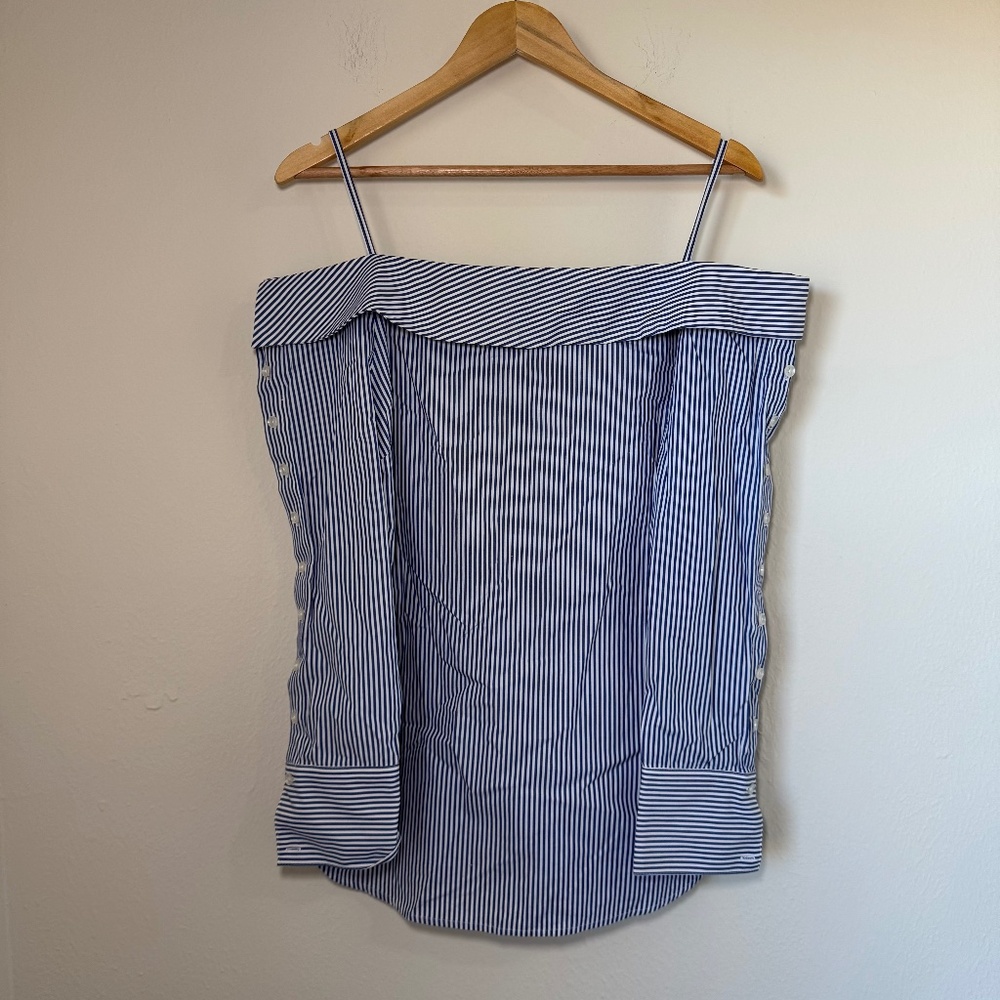 Guest Editor Blouse Women's SM Blue White Stripe Off Shoulder Preppy